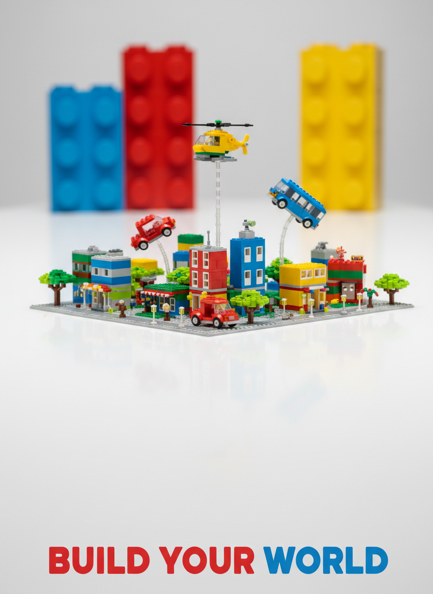 A vibrant collection of LEGO models arranged on a wide, gleaming white tabletop, featuring a colorful cityscape with blocky buildings, tiny brick trees, and whimsical vehicles mid-motion. Oversized translucent LEGO bricks in bright primary colors rise in the background like playful monuments, slightly out of focus. Soft, even studio lighting bathes the scene, creating gentle reflections on the glossy plastic surfaces and rounded studs. The mood is energetic and inviting, suggesting endless creativity. Photographic realism from a slightly elevated, three-quarter angle, with a shallow depth of field keeping the central city build crisply sharp while the surrounding pieces blur into a cheerful, bokeh-filled backdrop. The composition feels dynamic yet clean, ideal for a LEGO club homepage hero image.