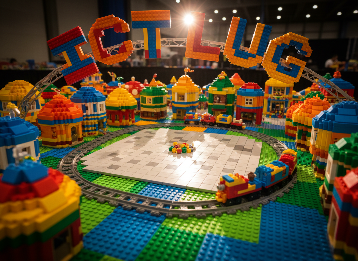 A close-up, low-angle shot of an intricate LEGO convention display: a bustling micro-scale LEGO town built on interlocking baseplates, with rounded, brightly colored buildings, a tiny train snaking between them, and a central plaza made from smooth tiles that catch the light. Custom brick-built signage with the letters “ICT LUG” arches overhead like a festival banner. Warm, directional indoor lighting from spotlights above creates glints and specular highlights on the studs, casting small, playful shadows that add depth. The composition follows the rule of thirds, with the town slightly off-center and the arch framing the upper third. The mood is lively and celebratory, captured in vibrant photographic realism, emphasizing the excitement of regional LEGO expos.