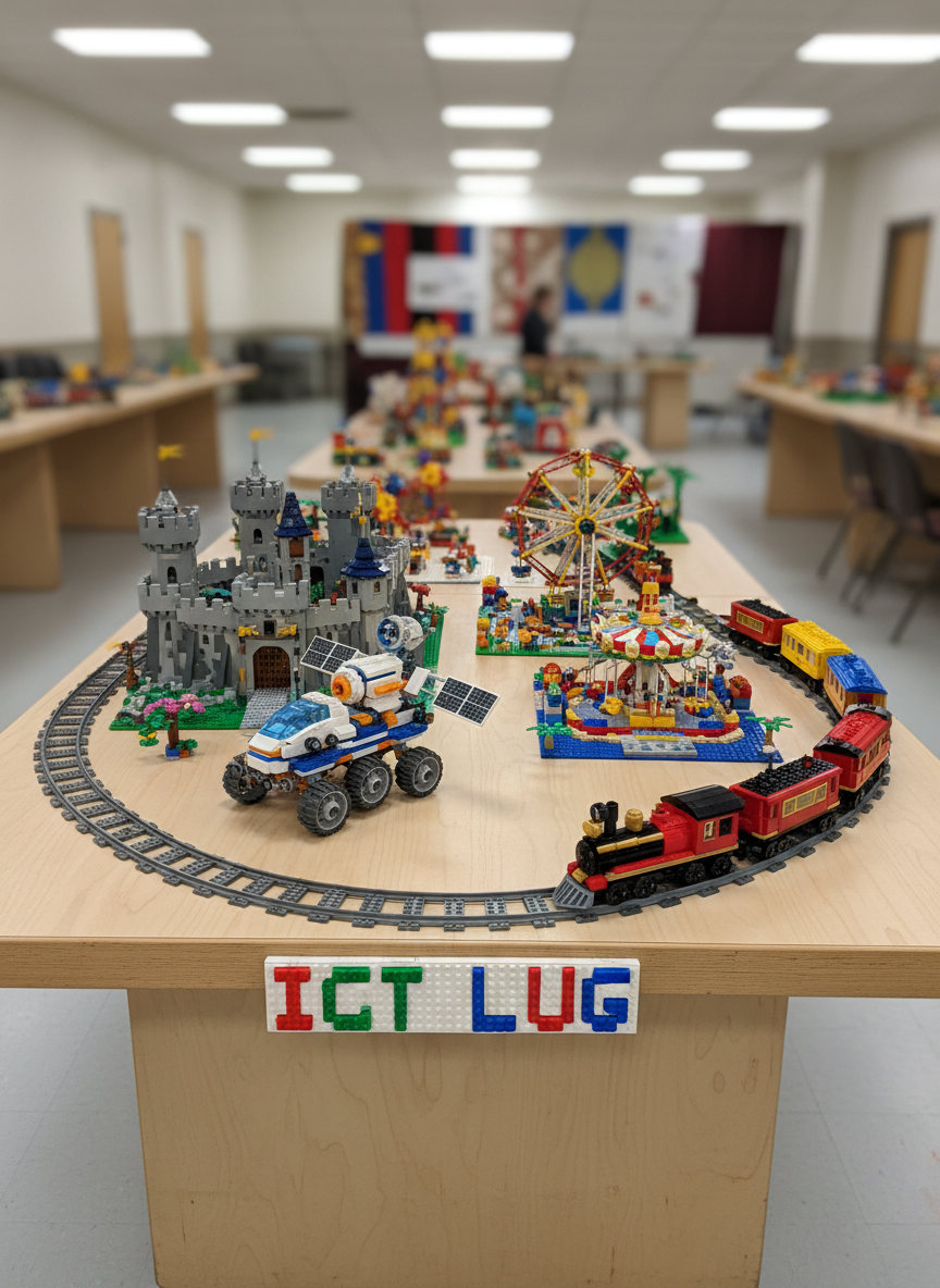 A meticulously built LEGO display table set up in a bright community hall, covered with diverse themed builds: a small castle, a futuristic space rover, a tiny carnival with spinning rides, and a detailed train looping around the edge. The table has a smooth, light wood surface with rounded edges, and colorful event signage made from LEGO bricks rests at the front reading “ICT LUG”. Overhead diffused lighting creates soft, even illumination, highlighting the textures and colors without harsh shadows. The background is gently blurred, suggesting other tables and banners in soft shapes. The mood is playful and communal, captured in photographic realism at eye level with a wide-angle lens, emphasizing the breadth of creations and the lively, organized chaos of a LEGO expo.
