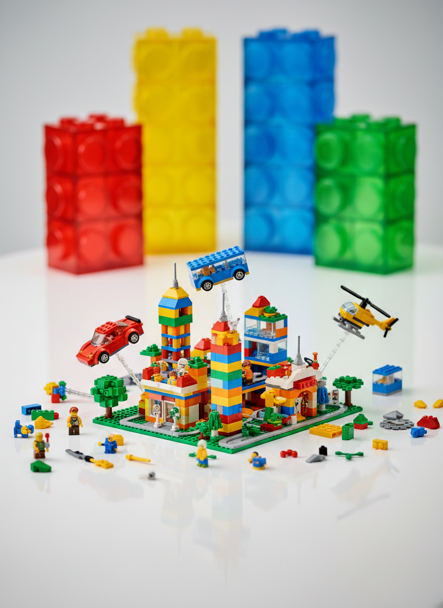 A vibrant collection of LEGO models arranged on a wide, gleaming white tabletop, featuring a colorful cityscape with blocky buildings, tiny brick trees, and whimsical vehicles mid-motion. Oversized translucent LEGO bricks in bright primary colors rise in the background like playful monuments, slightly out of focus. Soft, even studio lighting bathes the scene, creating gentle reflections on the glossy plastic surfaces and rounded studs. The mood is energetic and inviting, suggesting endless creativity. Photographic realism from a slightly elevated, three-quarter angle, with a shallow depth of field keeping the central city build crisply sharp while the surrounding pieces blur into a cheerful, bokeh-filled backdrop. The composition feels dynamic yet clean, ideal for a LEGO club homepage hero image.