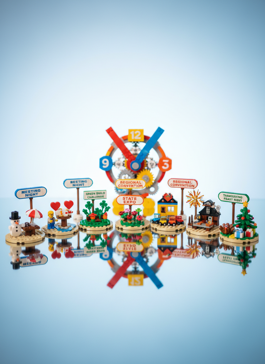 A whimsical LEGO calendar vignette built entirely from bricks: twelve small, rounded dioramas arranged in a gentle arc on a glossy, reflective surface, each representing a different month’s club meeting or event. Tiny brick-built signs label “Meeting Night”, “State Expo”, and “Regional Convention”, using bright tiles and smooth curves. A large, central LEGO clock with colorful, exaggerated hands stands at the back, slightly blurred. Soft, studio lighting with a gentle gradient backdrop from light blue to white gives the scene an airy, optimistic feel. Shot from a slightly elevated angle with medium depth of field, keeping the front dioramas crisp while the back softens. The mood is organized yet playful, using photographic realism to convey a fun, energetic schedule at a glance.