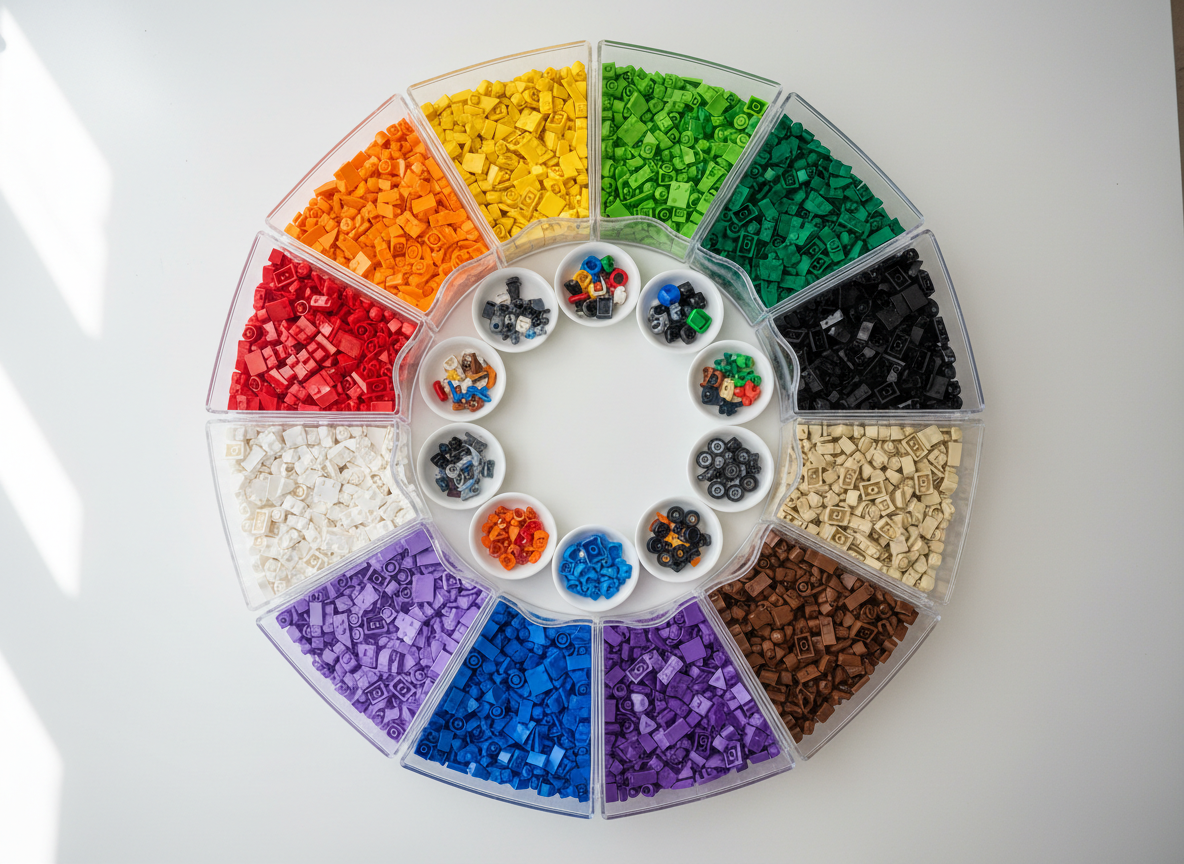 An overhead photographic view of a bright, circular LEGO sorting station, with curved, transparent containers radiating outward like petals, each filled with neatly organized bricks in a different vivid color. Smooth, rounded trays hold tiny specialty parts, minifigure accessories, and wheels, all resting on a spotless white table. Soft, diffused daylight from an unseen window creates subtle highlights on the plastic and eliminates harsh contrasts. The composition is symmetrical and satisfying, with sharp focus across the frame, evoking a sense of order within creativity. The atmosphere is playful yet methodical, perfect for representing behind-the-scenes club preparation. The vibrant colors pop against the neutral background, reinforcing a whimsical, energetic aesthetic in photographic realism.